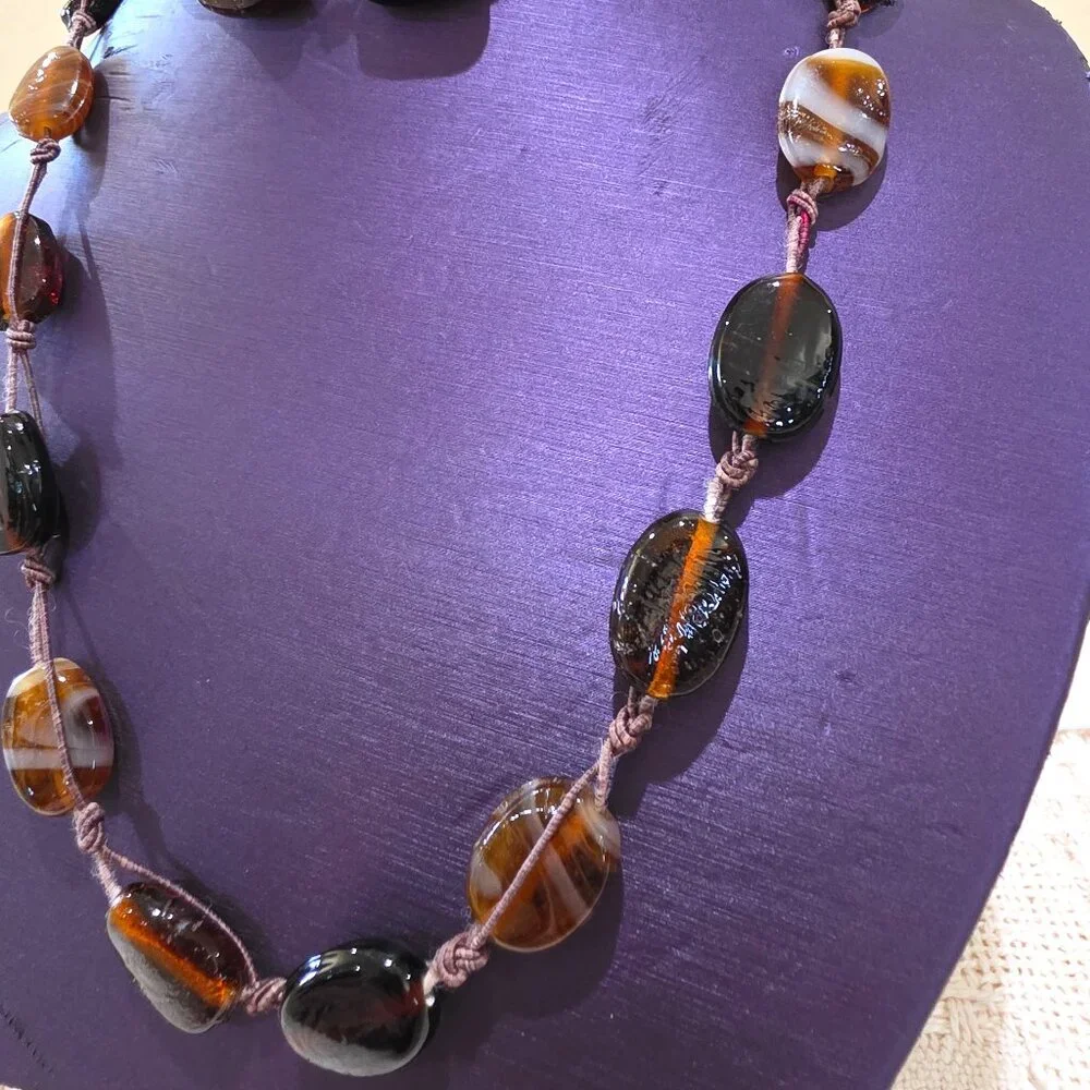 Artisan BOHO Earth Colors Rootbeer Brown Stripe Amber Art Glass Long Necklace